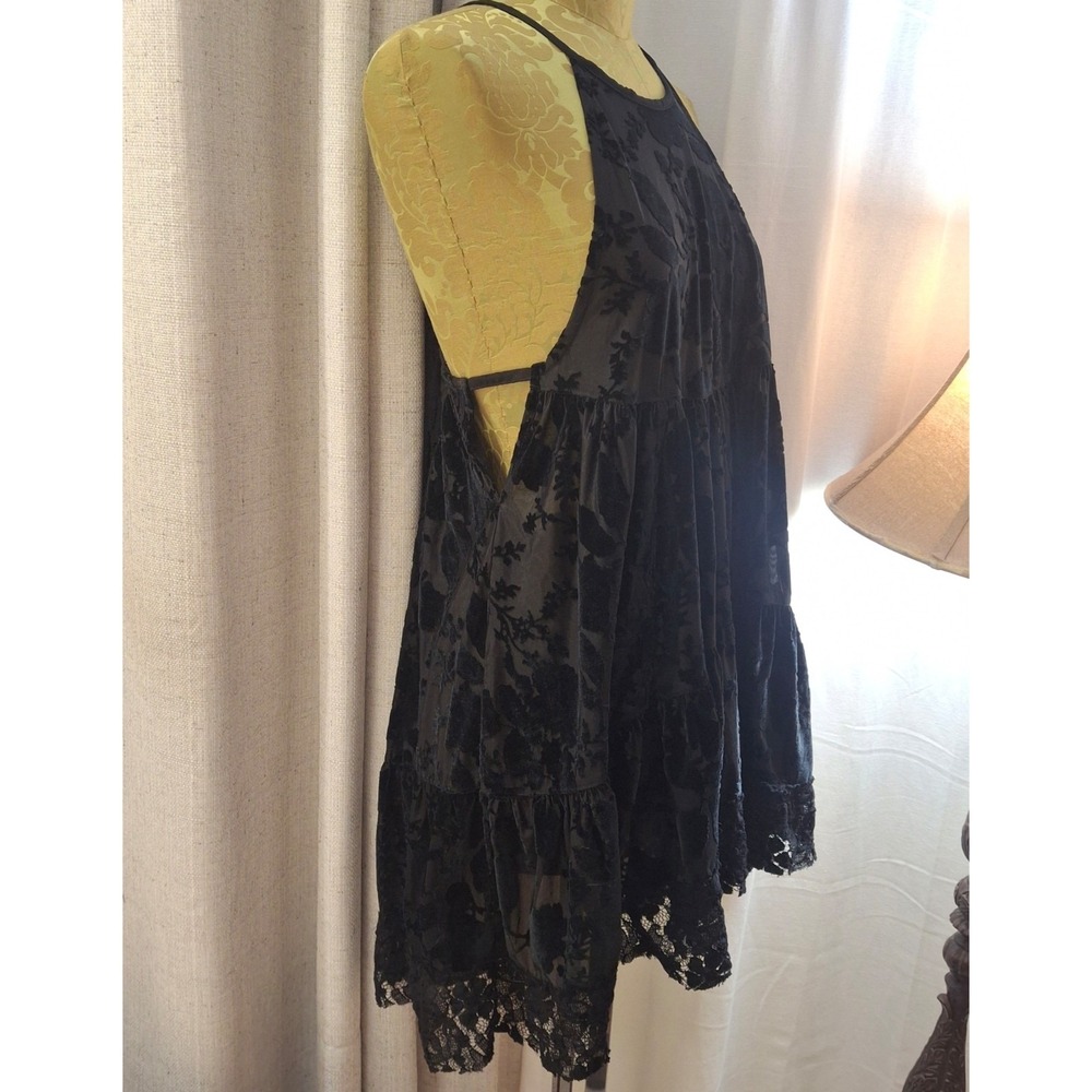 Free People Gothic Black Sheer Floral Burnout Velvet Babydoll Tunic Mini Dress